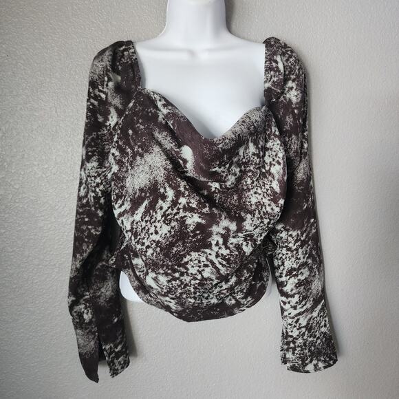 Open Edit Drape Front Long Sleeve Brown and Blue Top - Picture 1 of 6